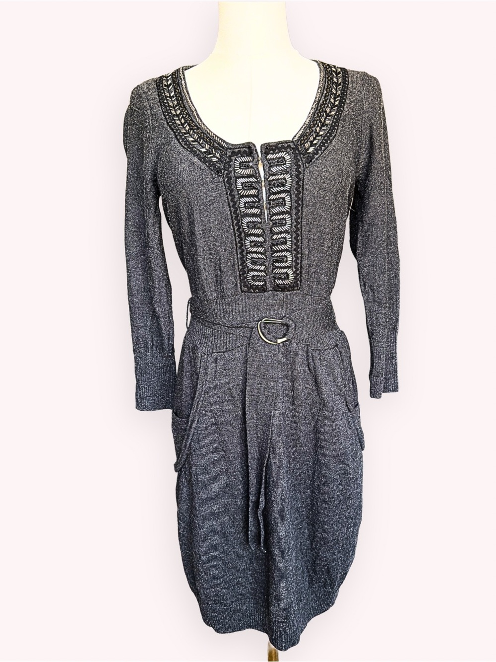 Vintage Nanette Lepore Desiree Gray Merino Wool Embellished Sweater Dress Small